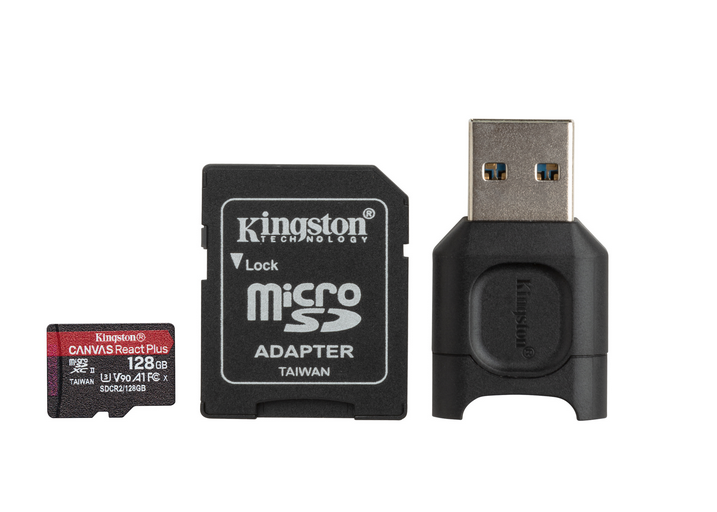 Карта памяти 128Gb microSDXC Kingston Canvas React Plus Class 10 UHS-II U3 + адаптер + USB reader (MLPMR2/128GB)