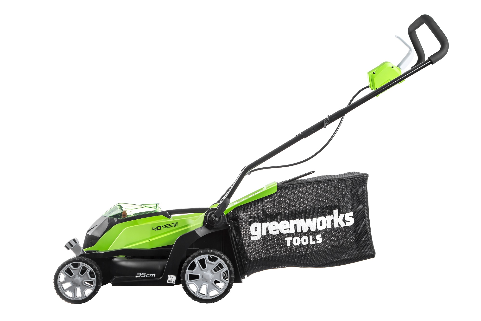 

Колесная газонокосилка Greenworks G40LM35, электрическая, аккумуляторная, Li-Ion, 2 А·ч, 40В, ширина скашивания 35см, высота скашивания 32мм-85мм, объем травосборника 40л., 14.5кг, аккумулятор и зарядное устройство в комплект не входят (2501907), G40LM35