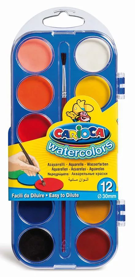 Краски акварельные 12 шт., кювета, с кистью, Carioca Watercolors (42400)