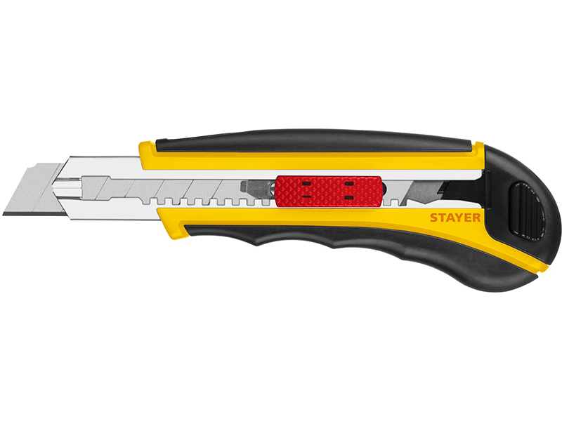 Нож монтажный, автоматическая фиксация, лезвие: 18мм / выдвижное / сег­мен­ти­ро­ван­ное / отламывающееся, кассета для лезвий, автозамена лезвий, дополнительный винтовой фиксатор, STAYER PROFESSIONAL HERCULES 18 (09165)