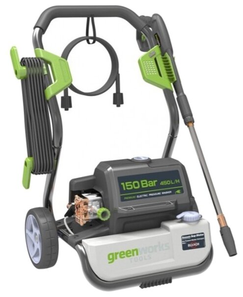 

Минимойка Greenworks G7, 148 атм, 450 л/ч, шланг 8 м, сетевой шнур 5 м, забор воды из емкости, 25 кг (5100807), G7
