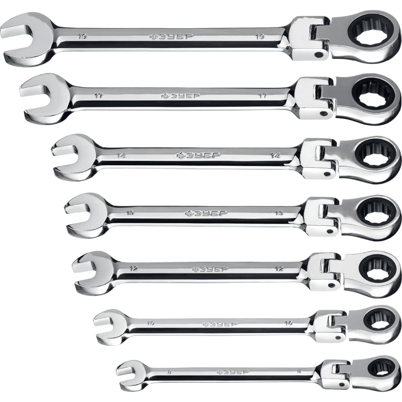 Набор ключей комбинированных трещоточных ЗУБР 27101-H7, предметов в наборе: 7шт., с шарниром, пластиковый держатель (27101-H7) - фото 1