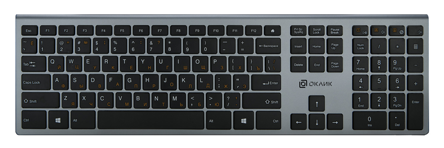 Клавиатура беспроводная Oklick 890S, ножничная, USB, серый (WT-1901)