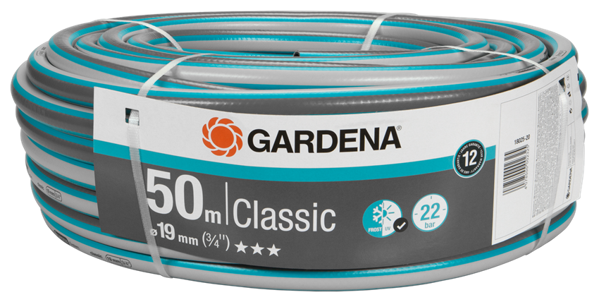 

Шланг GARDENA Classic 3/4" 50м, ПВХ, поливочный, армированный, d = 3/4" (19 мм), 50м (18025-20.000.00), Classic 3/4" 50м