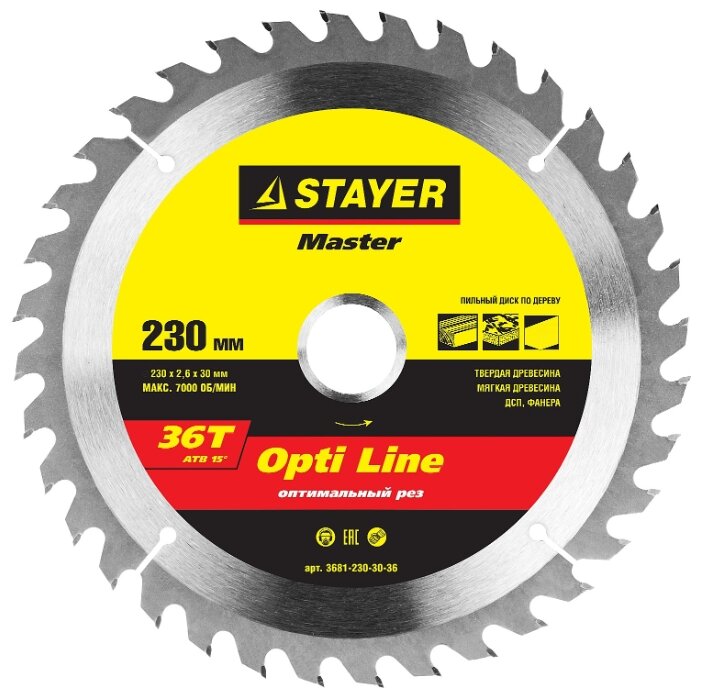 

Пильный диск STAYER OPTI Line, ⌀23 см x 3 см по дереву, быстрый, поперечный, продольный, чистый, 36Т, 1 шт. (3681-230-30-36)