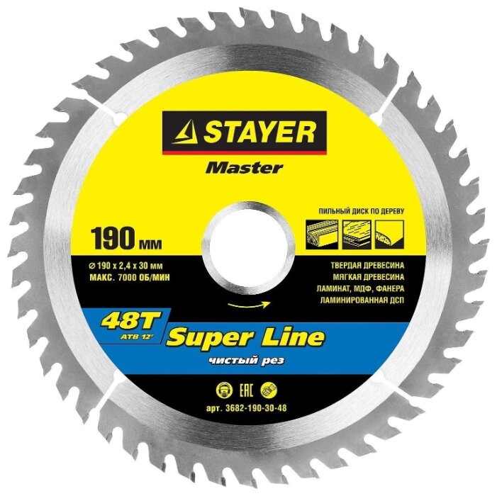 

Пильный диск STAYER SUPER-Line, ⌀190 мм x 30 мм по дереву, чистый рез, 48Т, 1 шт. (3682-190-30-48)