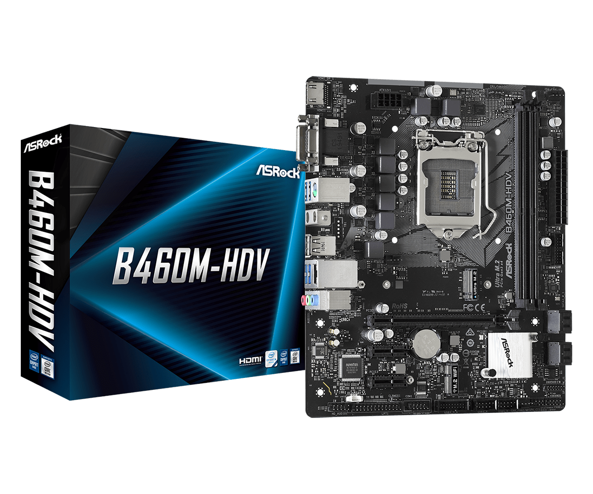 Материнская плата ASRock B460M-HDV, Socket1200, Intel B460, 2xDDR4, PCI-Ex16, 4SATA3, 7.1-ch, GLAN, 8USB 3.2, VGA, DVI, HDMI, mATX, Retail - фото 1