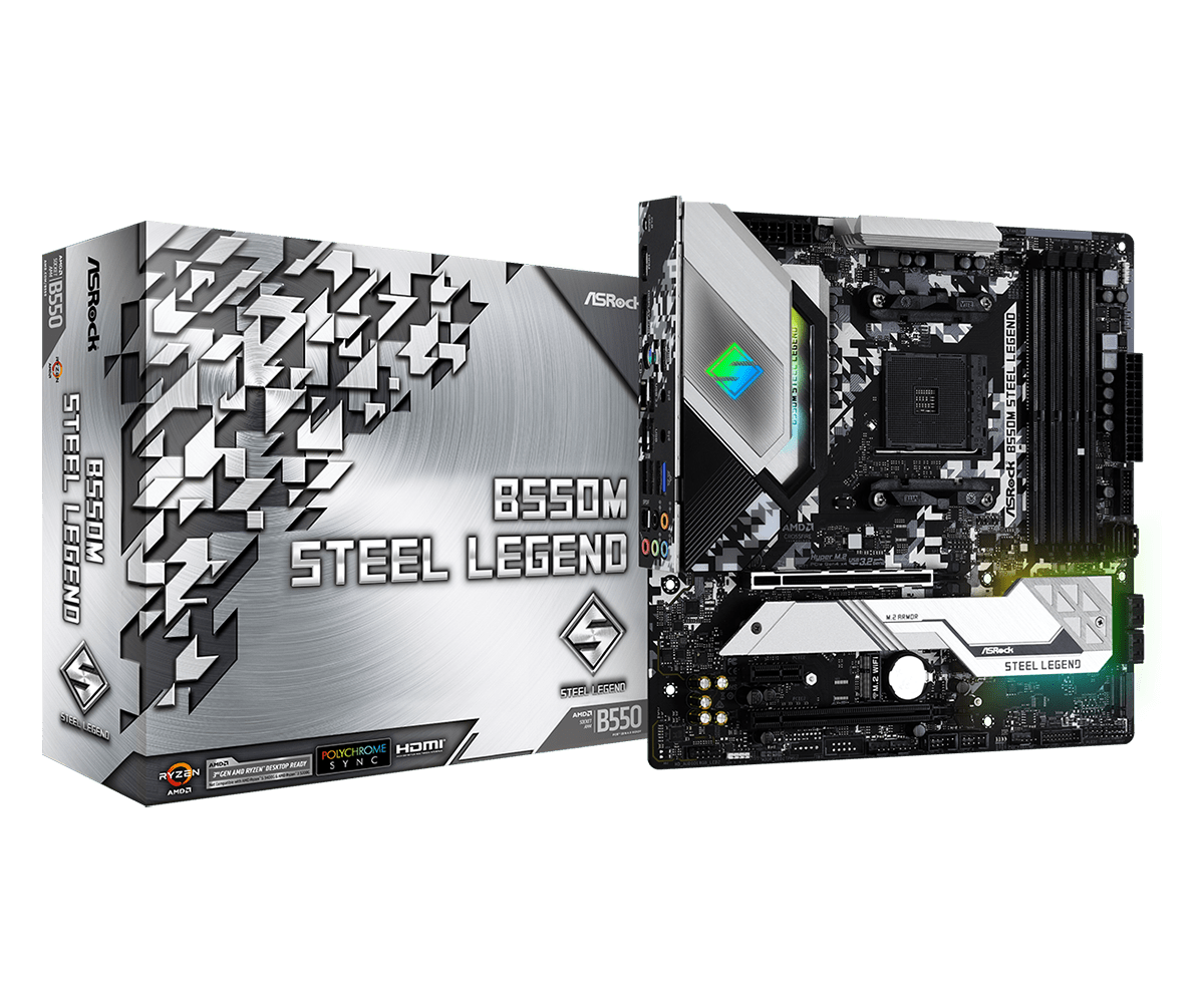 

Материнская плата ASRock B550M STEEL LEGEND, SocketAM4, AMD B550, 4xDDR4, 2PCI-Ex16, 6SATA3, 7.1-ch, 2.5GLAN, 9 USB 3.2, 1 USB Type-C, HDMI, DP, mATX, Retail, B550M STEEL LEGEND
