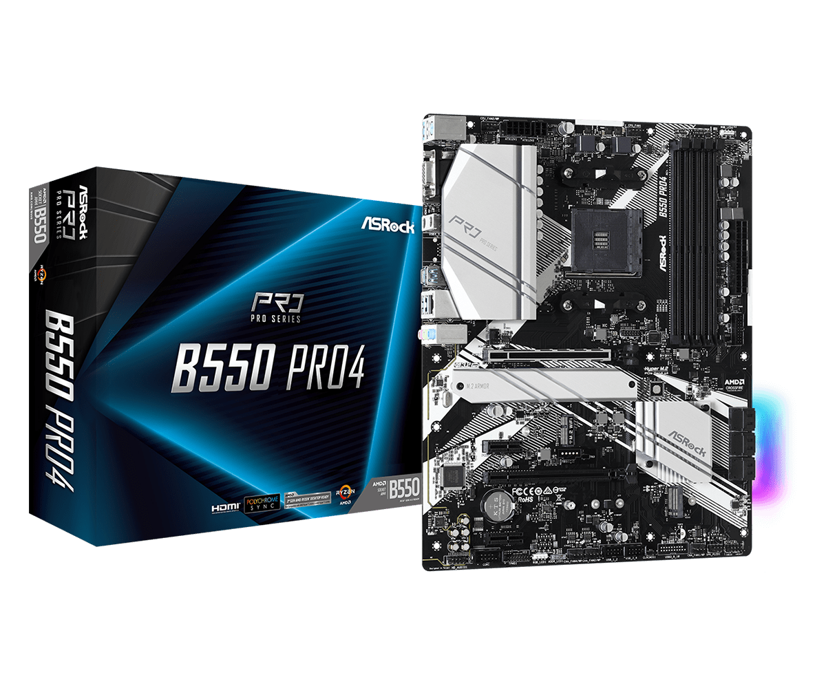 

Материнская плата ASRock B550 PRO4, SocketAM4, AMD B550, 4xDDR4, 2PCI-Ex16, 6SATA3, 7.1-ch, GLAN, 7 USB 3.2, 1 USB Type-C, VGA, HDMI, ATX, Retail, B550 PRO4