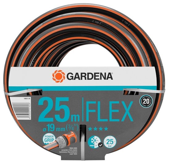 

Шланг GARDENA FLEX 3/4" 25 метров, ПВХ, поливочный, армированный, d = 3/4" (19 мм), 25м, 25 бар (18053-20.000.00), FLEX 3/4" 25 метров