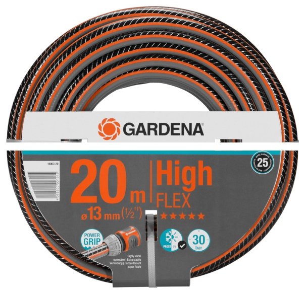 

Шланг GARDENA HighFLEX 1/2" 20 метров, ПВХ, поливочный, армированный, d = 1/2" (13 мм), 20м, 30 бар (18063-20.000.00), HighFLEX 1/2" 20 метров