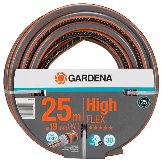 

Шланг GARDENA HighFLEX 3/4" 25 метров, ПВХ, поливочный, армированный, d = 3/4" (19 мм), 25м, 30 бар (18083-20.000.00), HighFLEX 3/4" 25 метров