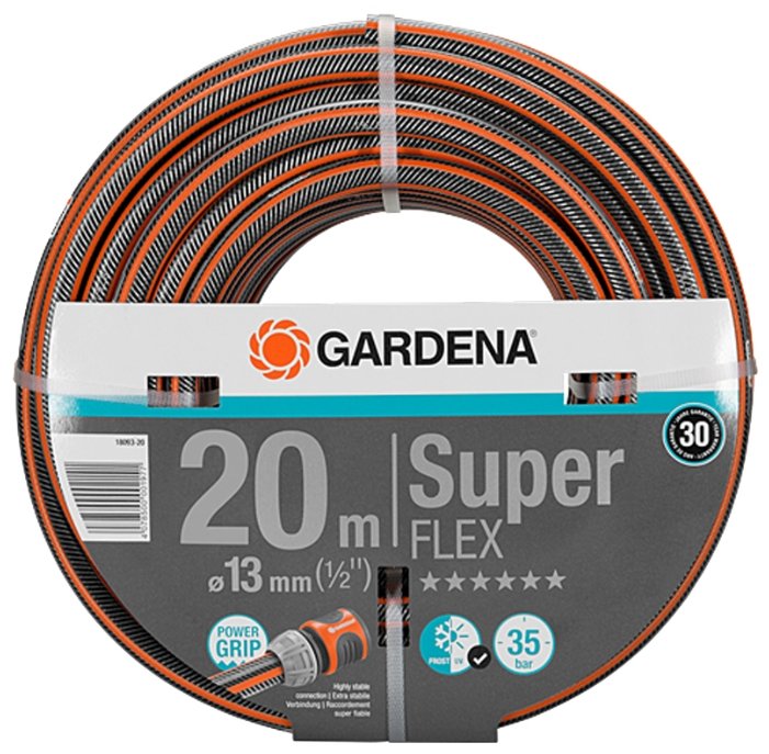 

Шланг GARDENA SuperFLEX 1/2" 20 метров, ПВХ, поливочный, армированный, d = 1/2" (13 мм), 20м, 35 бар (18093-20.000.00), SuperFLEX 1/2" 20 метров