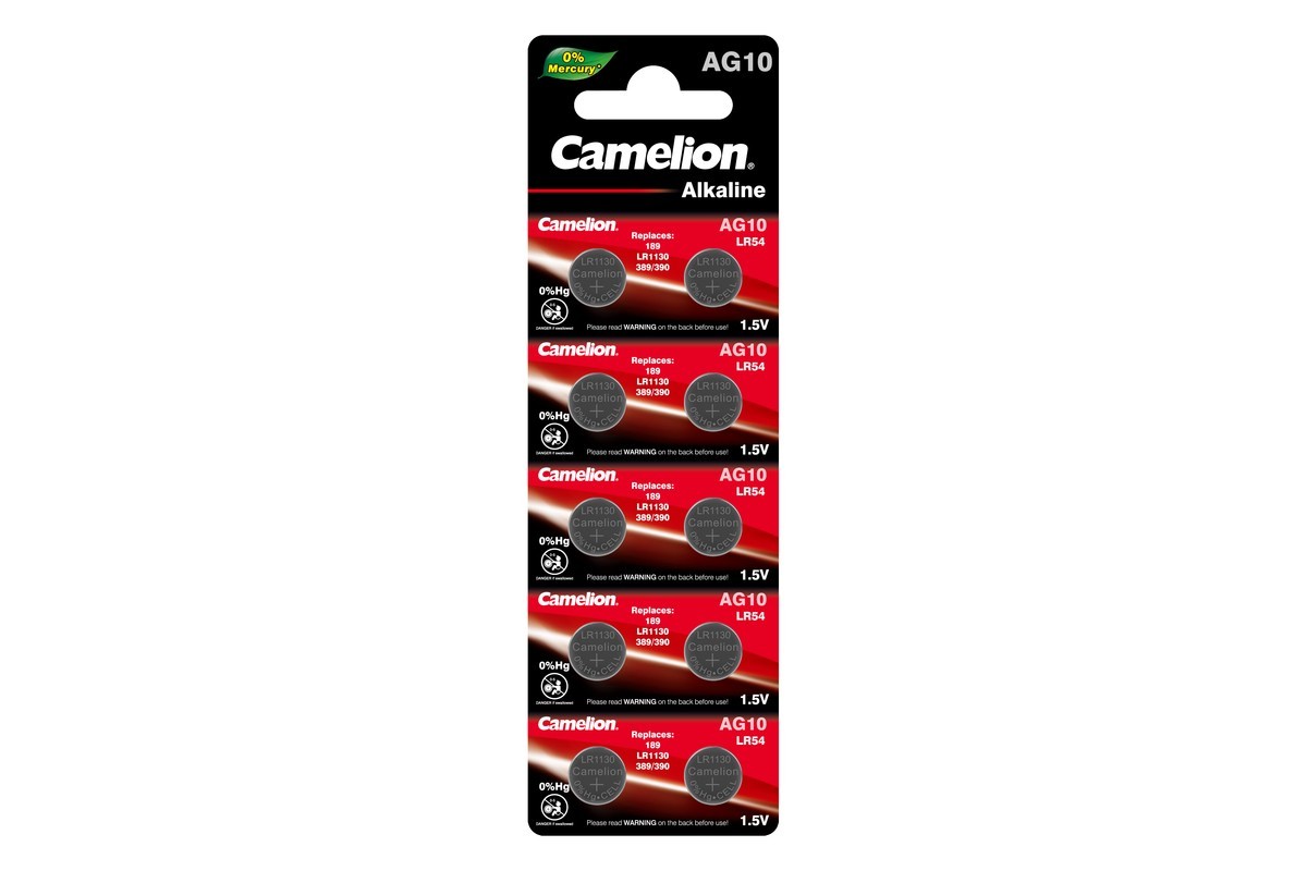 

Батарейка Camelion Mercury Free, LR54/AG10/LR1130/G10/189/GP89A/389/SR1130W, 1.5V, 10 шт. (12818)