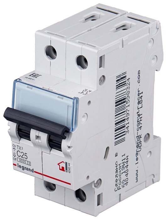 

Выключатель автоматический Legrand TX³ двухполюсный (2P/2П) 25А C 6кА (404044)