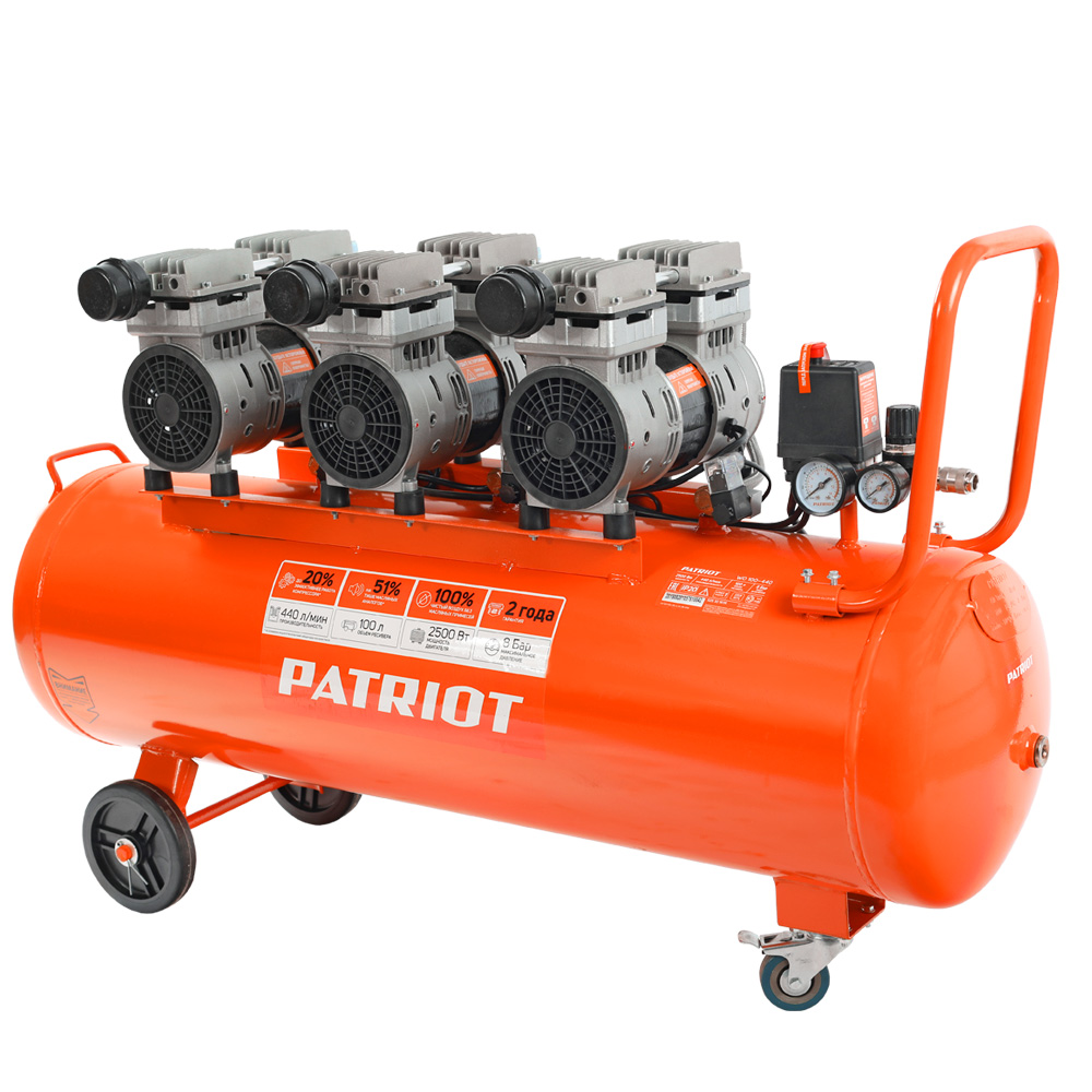 

Компрессор воздушный PATRIOT WO 100-440, 2.5 кВт, 7.9 атм, 440л/мин, 100 л, безмасляный, электрический, поршневой, коаксиальный (прямой) (525301935), WO 100-440
