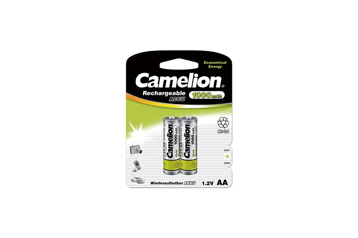 

Аккумулятор Camelion NC-AA1000BP2, AA, 1.2V 1 А·ч, 2 шт. (6181), Серебристый/зеленый, NC-AA1000BP2