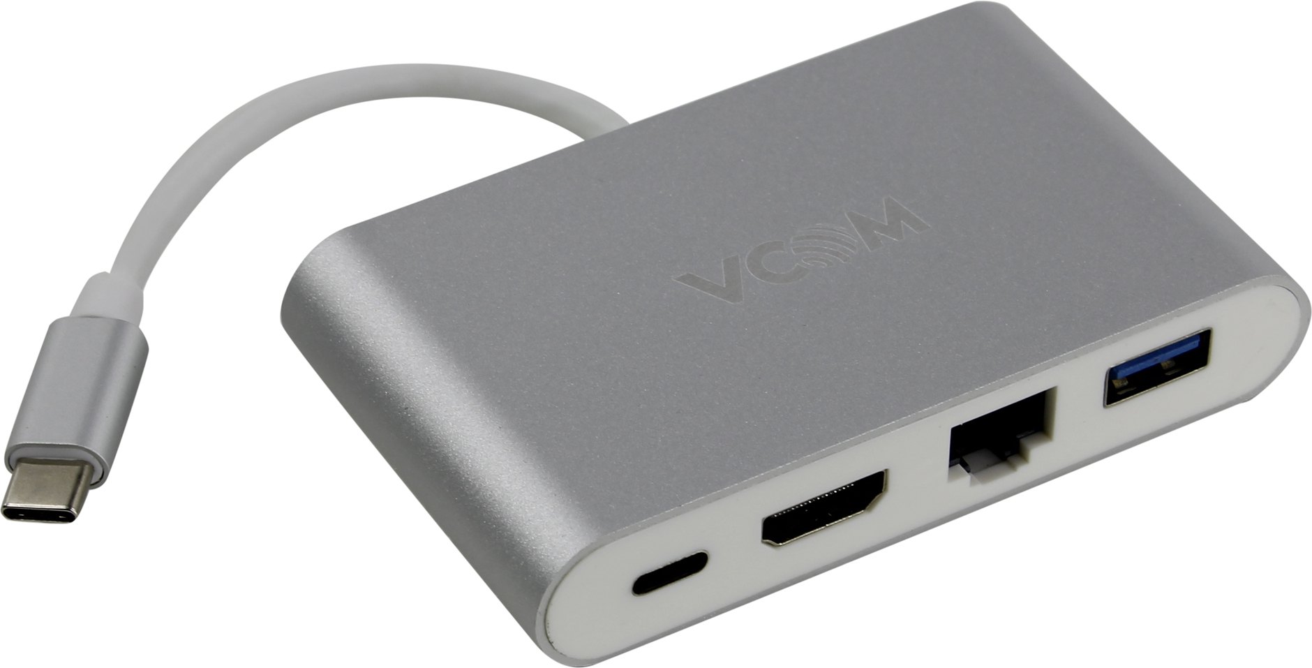 Док-станция VCOM CU455, USB 3.1 Type-C(M) - HDMI(19F)/USB 3.1 Type-C(F)/USB 3.0(AF)/LAN(F)/CR, серебристый/белый