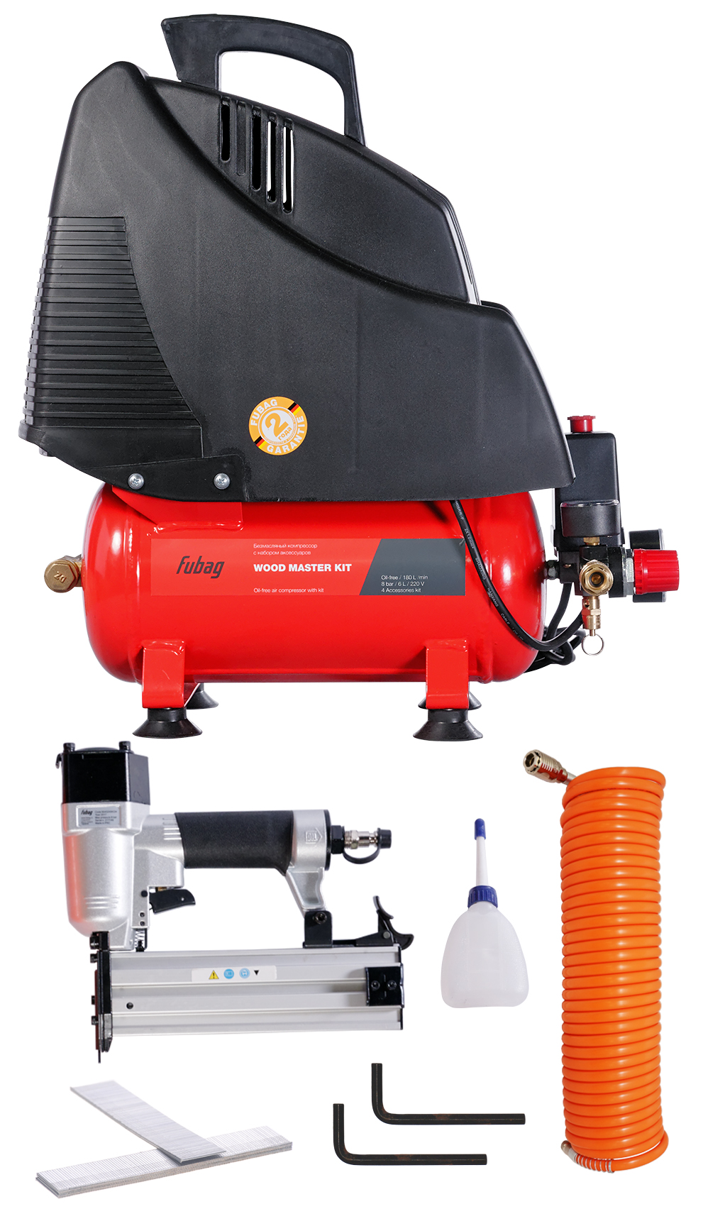 

Компрессор воздушный Fubag Wood Master Kit, 1.1 кВт, 7.9 атм, 180л/мин, 6 л, безмасляный, электрический, поршневой, коаксиальный (прямой), набор пневмоинструментов (8213790KOA611), Wood Master Kit