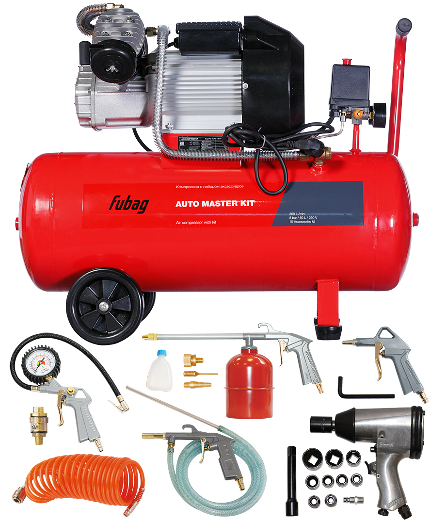 

Компрессор воздушный Fubag Auto Master Kit, 2.2 кВт, 7.9 атм, 400л/мин, 50 л, масляный, электрический, винтовой, коаксиальный (прямой), набор пневмоинструментов (45681953), Auto Master Kit