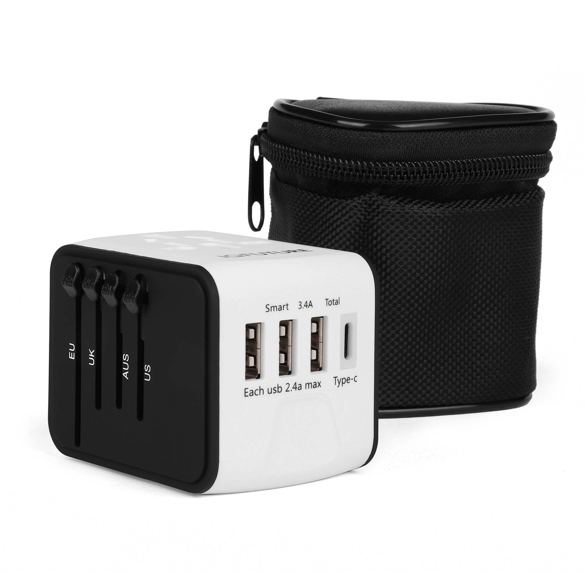Адаптер IQ-TA, 3 USB, Type-C, для путешествий EU/US/UK/AU, чехол-сумка, белый/черный IQFuture (IQ-TA)