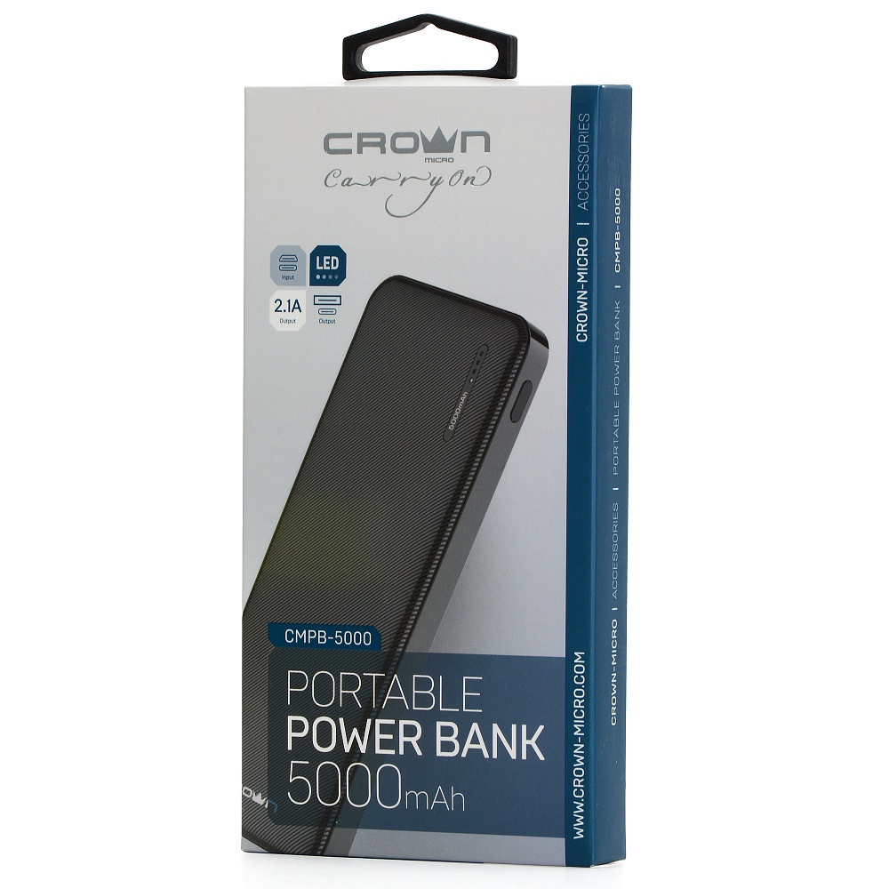 Портативный аккумулятор (Powerbank) Crown CMPB-5000, 5000mAh, 1xUSB, 2.1A, Type-C, черный - фото 1
