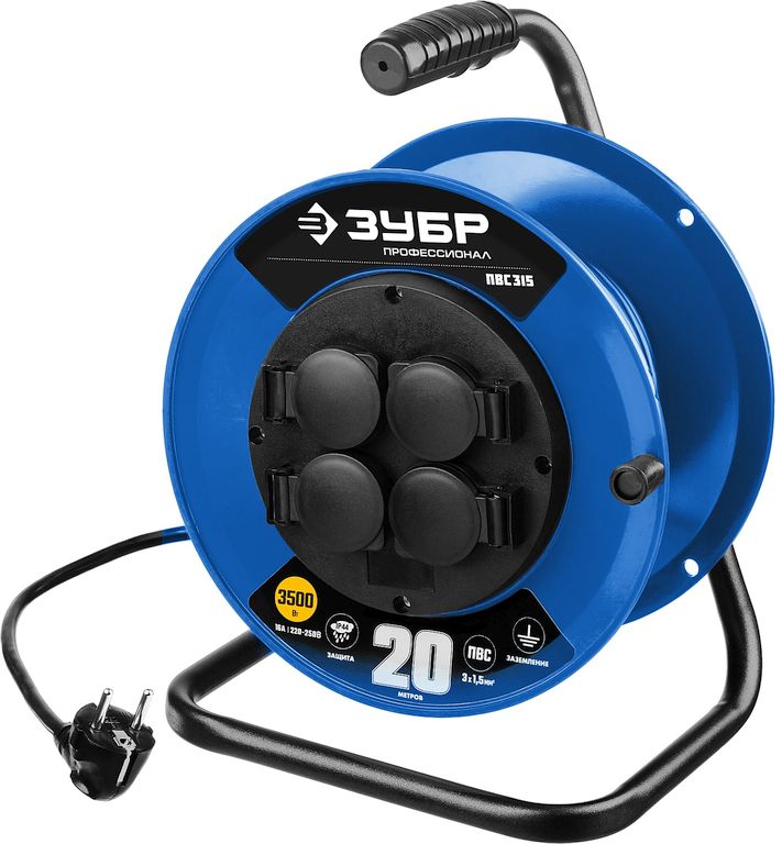 

Удлинитель на катушке Зубр ПВС 315, 4-розетки, 20м, черный/синий (55081-20), ПВС 315