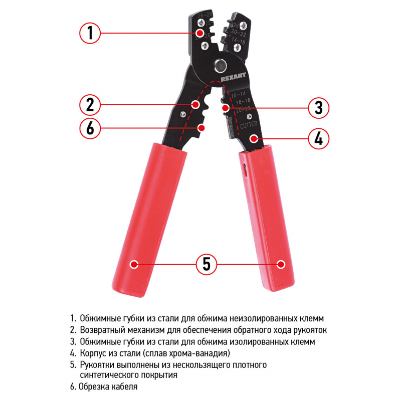 Клещи обжимные (кримпер) автоклемм REXANT HT-202B, 0.10 - 6.0 мм (12-3032)