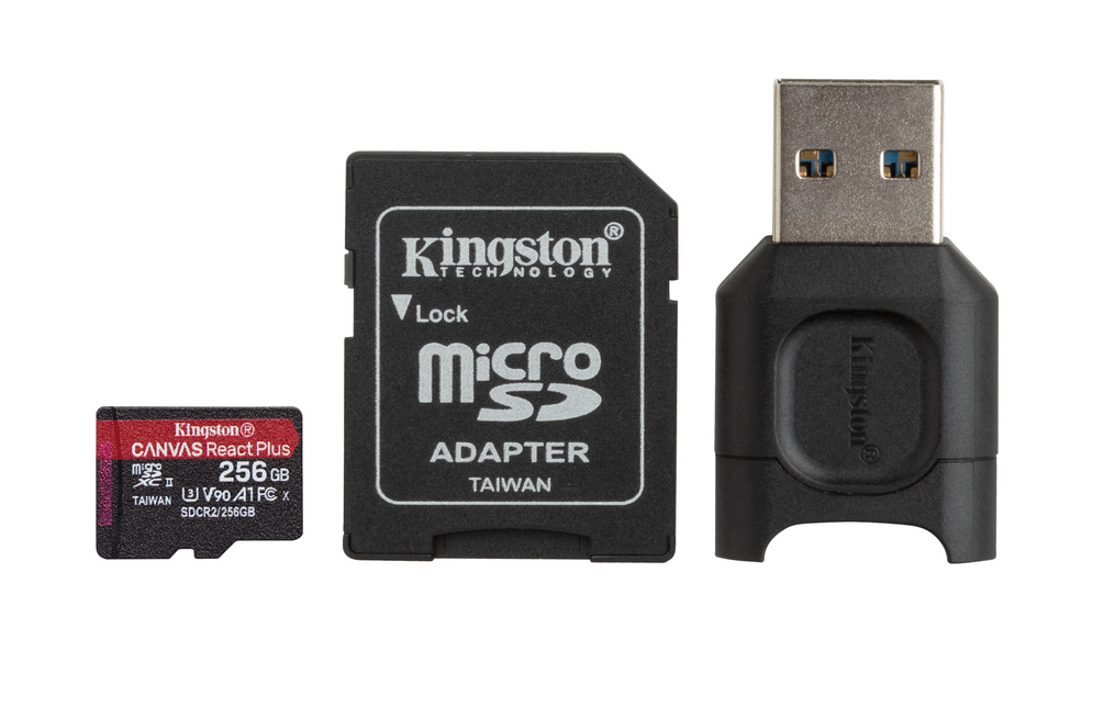 Карта памяти 256Gb microSDXC Kingston Canvas React Plus Class 10 UHS-II U3 + адаптер + USB reader (MLPMR2/256GB)