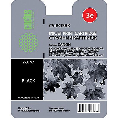 

Картридж струйный Cactus CS-BCI3BK (BCI-3BK), черный, совместимый, 27мл, для Canon BJ-S400 / S450 / S4500 / BJC-3000 / 3010 / 6000 / 6100 / 6200 / 6500, MultiPASS-C100 / C755, SmartBase-MP700 / MP730 / MPC400 / MPC600