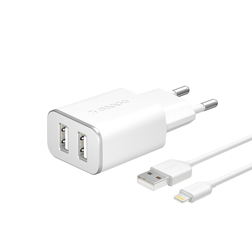 

Автомобильное зарядное устройство Deppa, 2USB, 2.4A, кабель Lightning 8-pin, белый (11383)