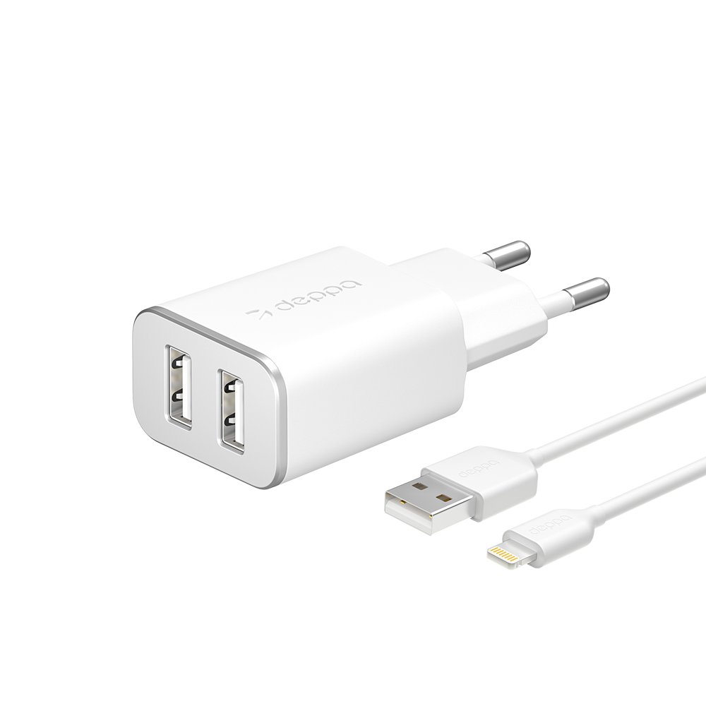 Автомобильное зарядное устройство Deppa, 2USB, 2.4A, кабель Lightning 8-pin, белый (11383)