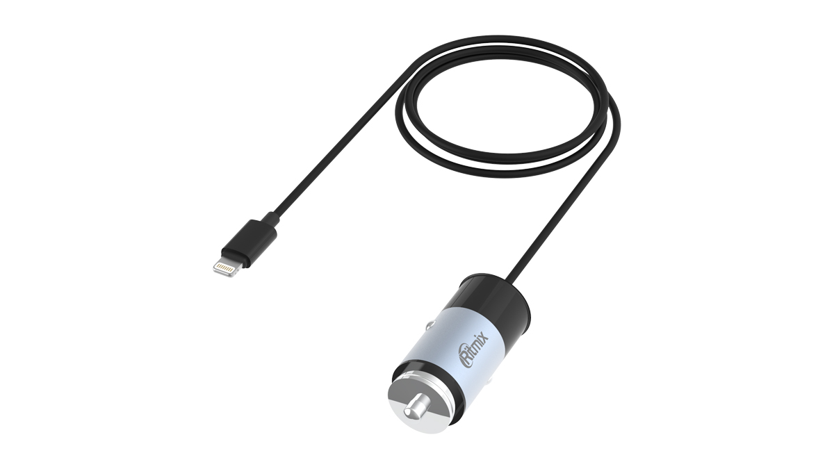 Автомобильное зарядное устройство Ritmix RM-5240AP, USB, 3.1А, кабель Lightning 8-pin, черный/серебристый (RM-5240AP)