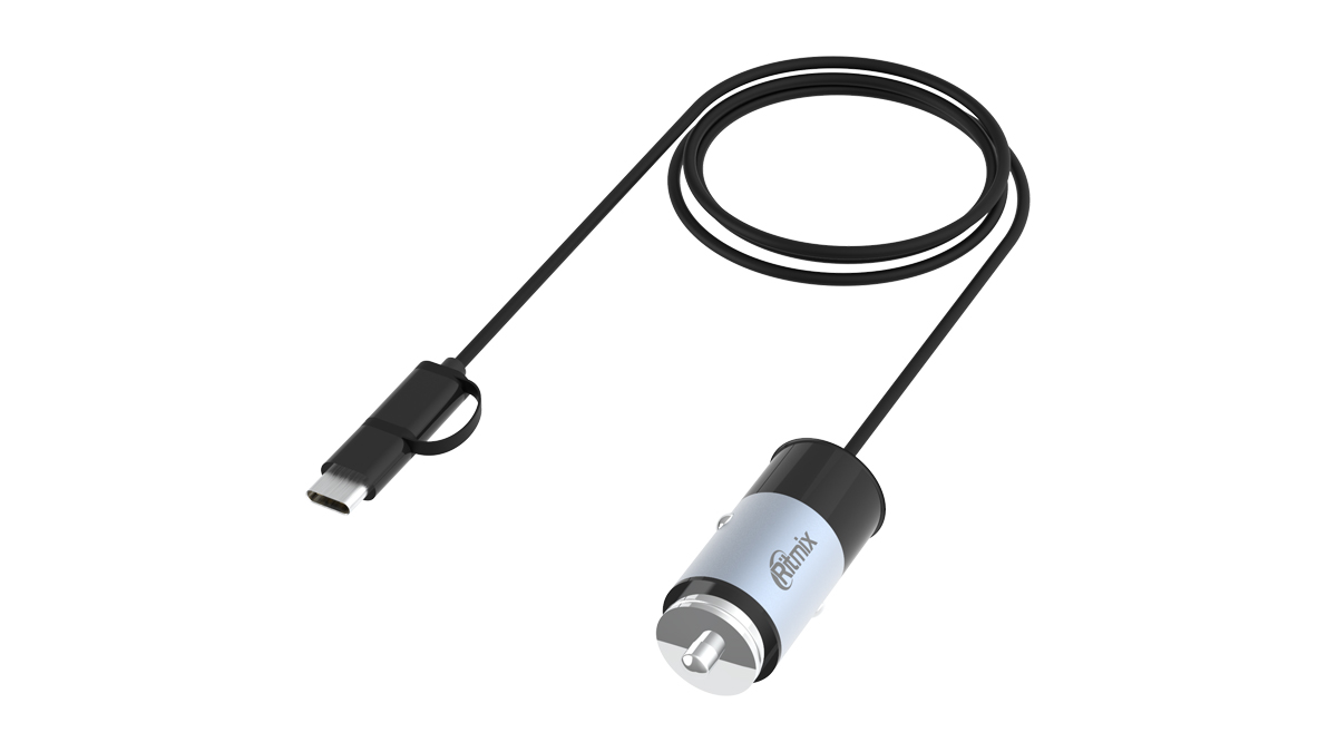 Автомобильное зарядное устройство Ritmix RM-5240MC, USB, 3.1A, кабель microUSB/USB Type-C, черный/серый (80000312)