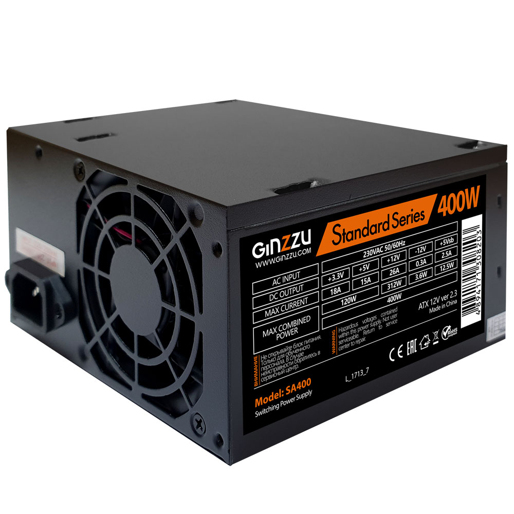 

Блок питания 400 Вт ATX Ginzzu SA400, 80 мм (SA400), Черный, SA400