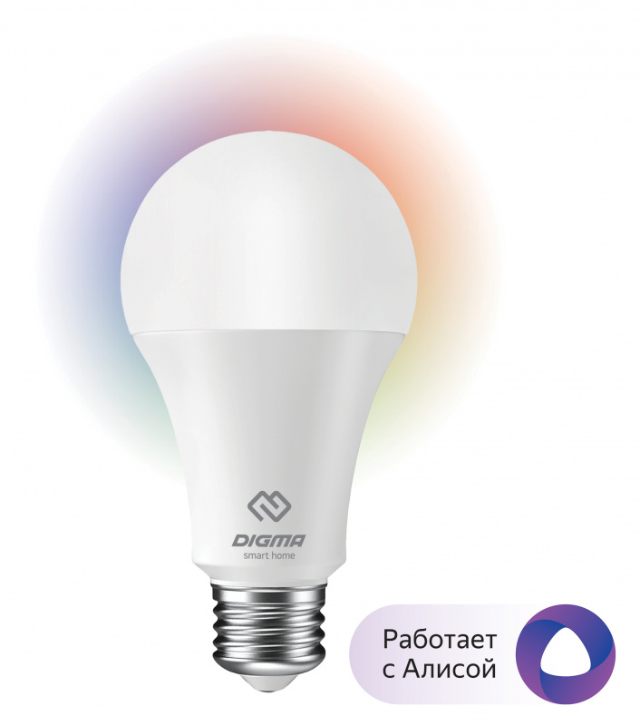

Умная лампа Digma DiLight E27 N1 RGB, 8Вт, 800лм, 4000K, E27, WiFi, белый (DLE27N1R ), DiLight E27 N1 RGB