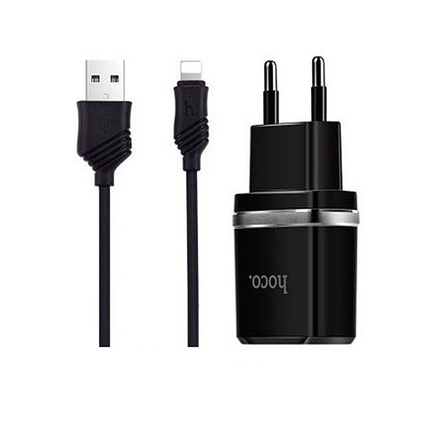 Сетевое зарядное устройство Hoco С12 Dual, 2USB, 2.4A, черный, кабель Lightning - фото 1