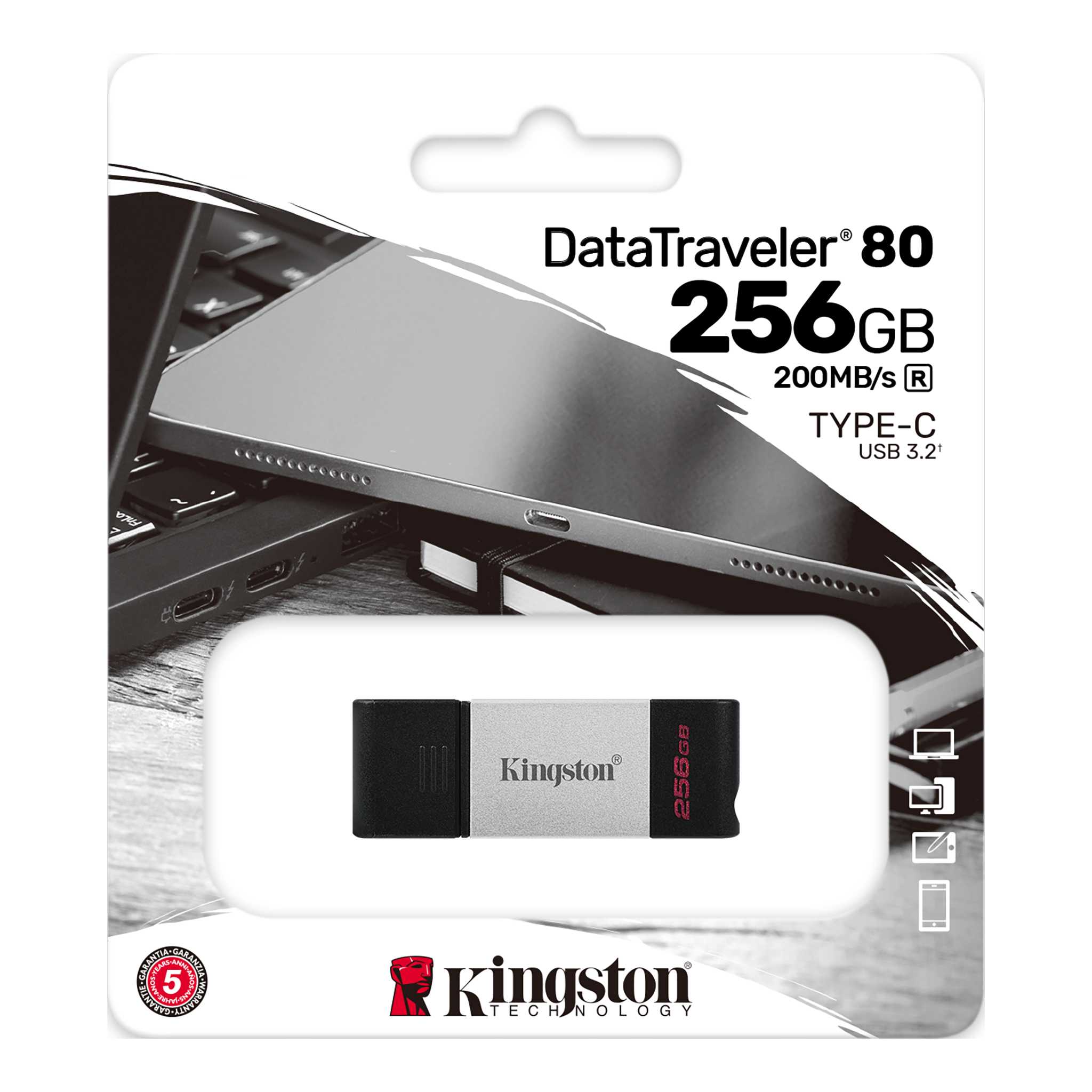 

Флешка 256Gb USB 3.2/Type-C Kingston Data Traveler 80, черный/серебристый (DT80/256GB), Data Traveler 80