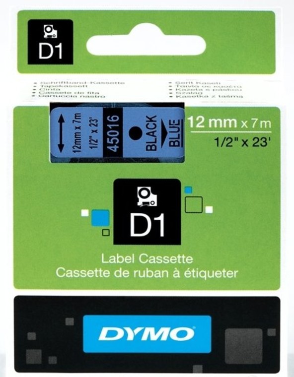 Кассета с лентой DYMO, 1.2 см x 7 м, черный на голубой