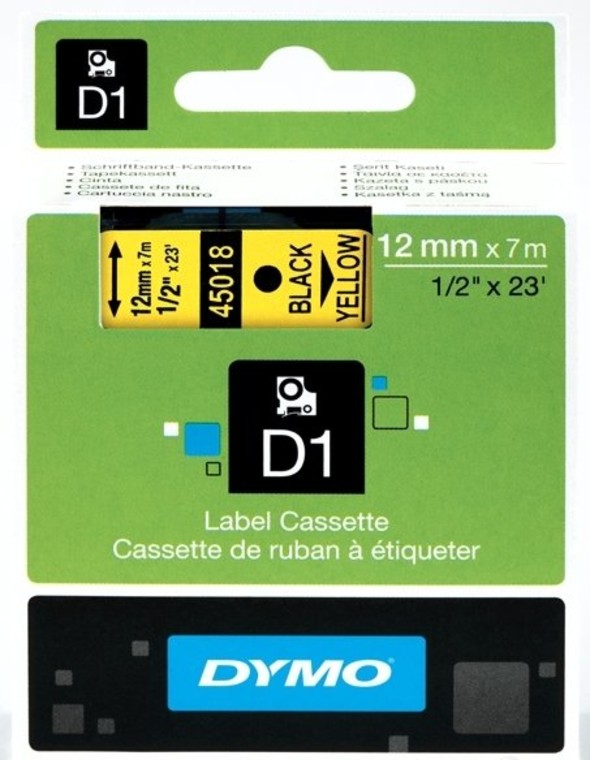 Кассета с лентой DYMO, 1.2 см x 7 м, черный на желтом