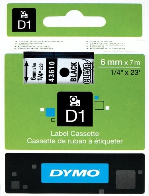 

Кассета с лентой DYMO, 6 мм x 7 м, черный на прозрачном, оригинальная (S0720770/43610)
