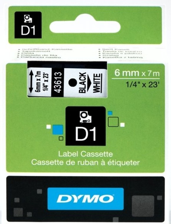 Кассета с лентой DYMO, 6 мм x 7 м, черный на белом, оригинальная (S0720780/43613)