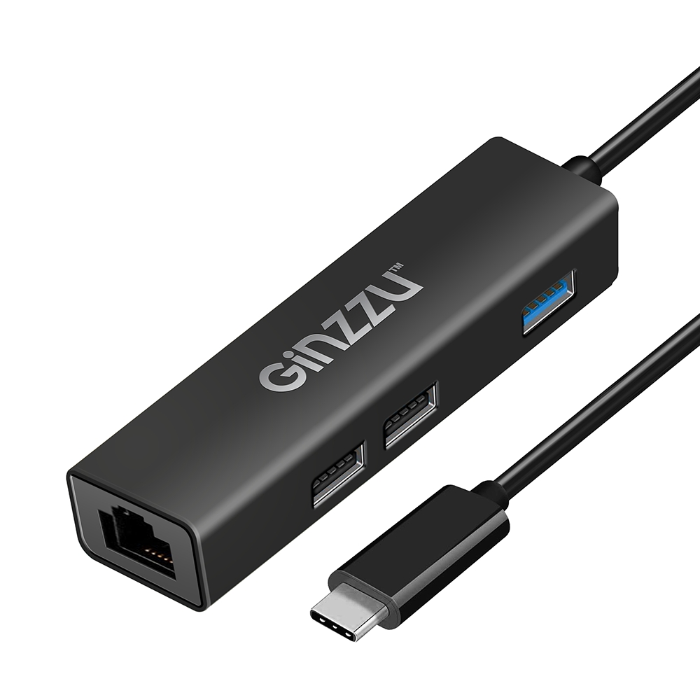 Концентратор Ginzzu GR-762UB, 2xUSB 2.0, 1xUSB 3.0, черный + (Ethernet RJ45) (GR-762UB) - фото 1