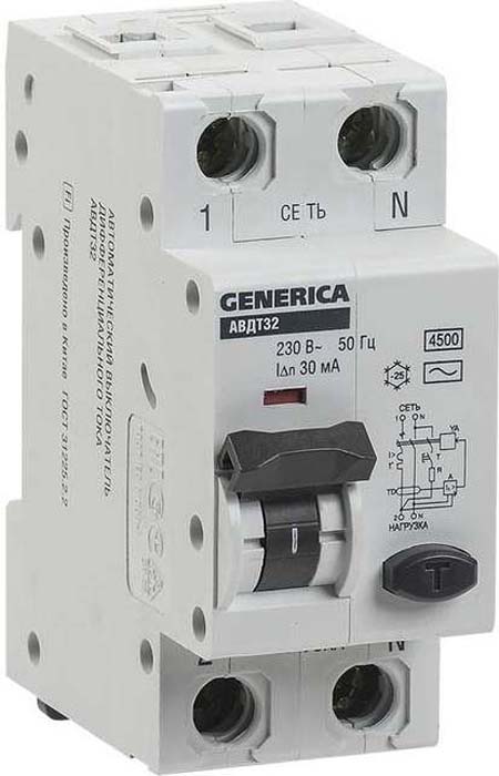 

Выключатель автоматический дифференциального тока GENERICA АВДТ32 MAD25, 1P, C, 20А, AC/30мА (MAD25-5-020-C-30), MAD25