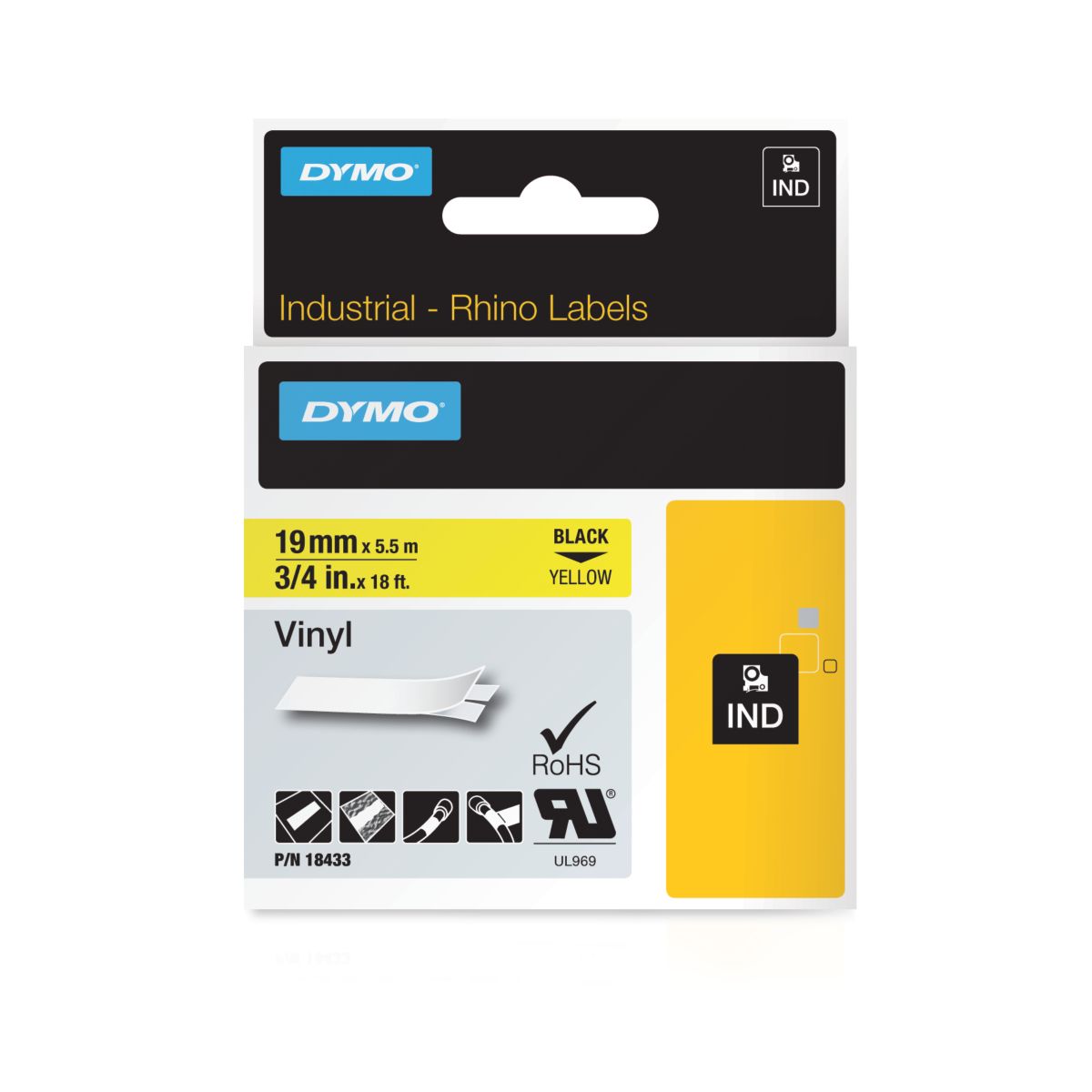 

Кассета с лентой DYMO, 1.9 см x 5.5 м, черный на желтом, оригинальная (18433)