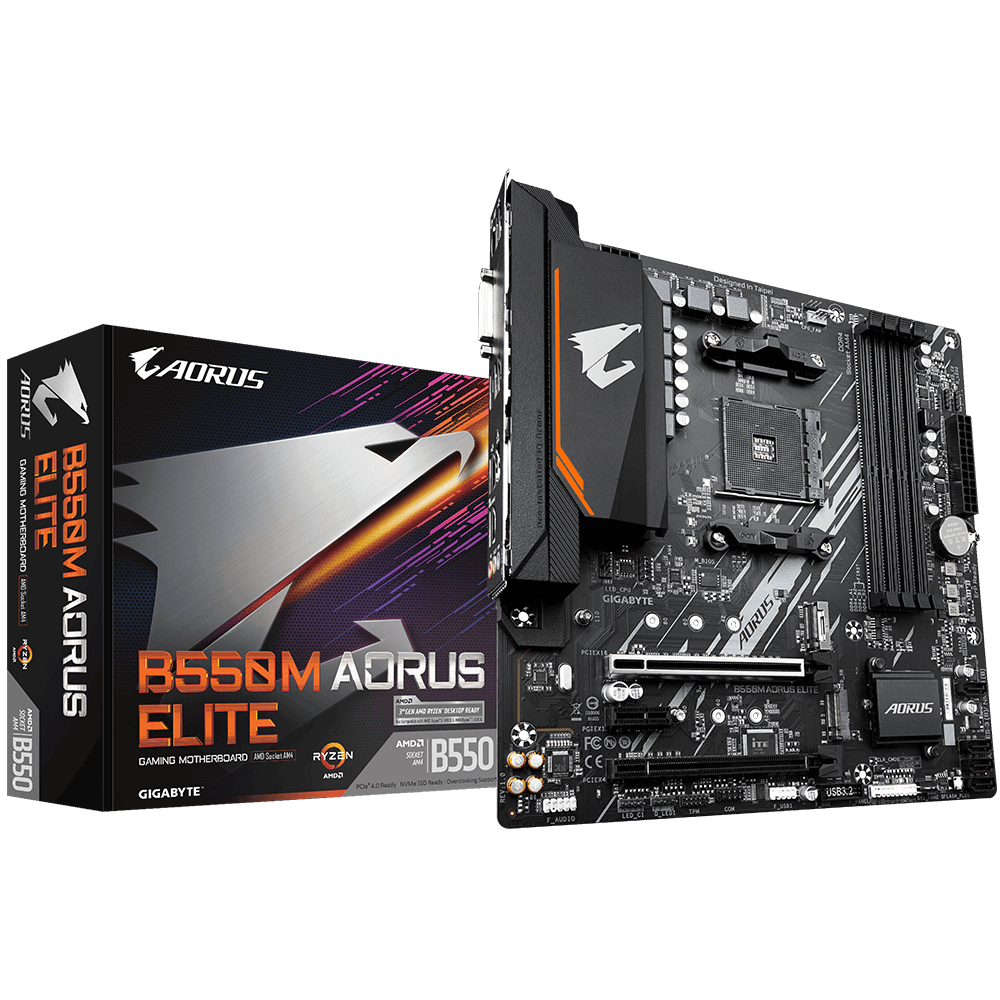 

Материнская плата GIGABYTE B550M AORUS ELITE, SocketAM4, AMD B550, 4xDDR4, 2PCI-Ex16, 4SATA3, 7.1-ch, GLAN, 6 USB 3.2, DVI, HDMI, mATX, Retail, B550M AORUS ELITE
