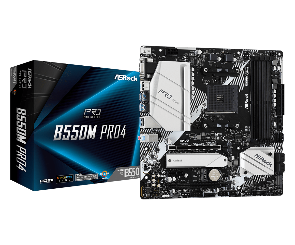 

Материнская плата ASRock B550M PRO4, SocketAM4, AMD B550, 4xDDR4, 2PCI-Ex16, 6SATA3, 7.1-ch, GLAN, 4 USB 3.2, 1 USB Type-C, VGA, DP, mATX, Retail, B550M PRO4