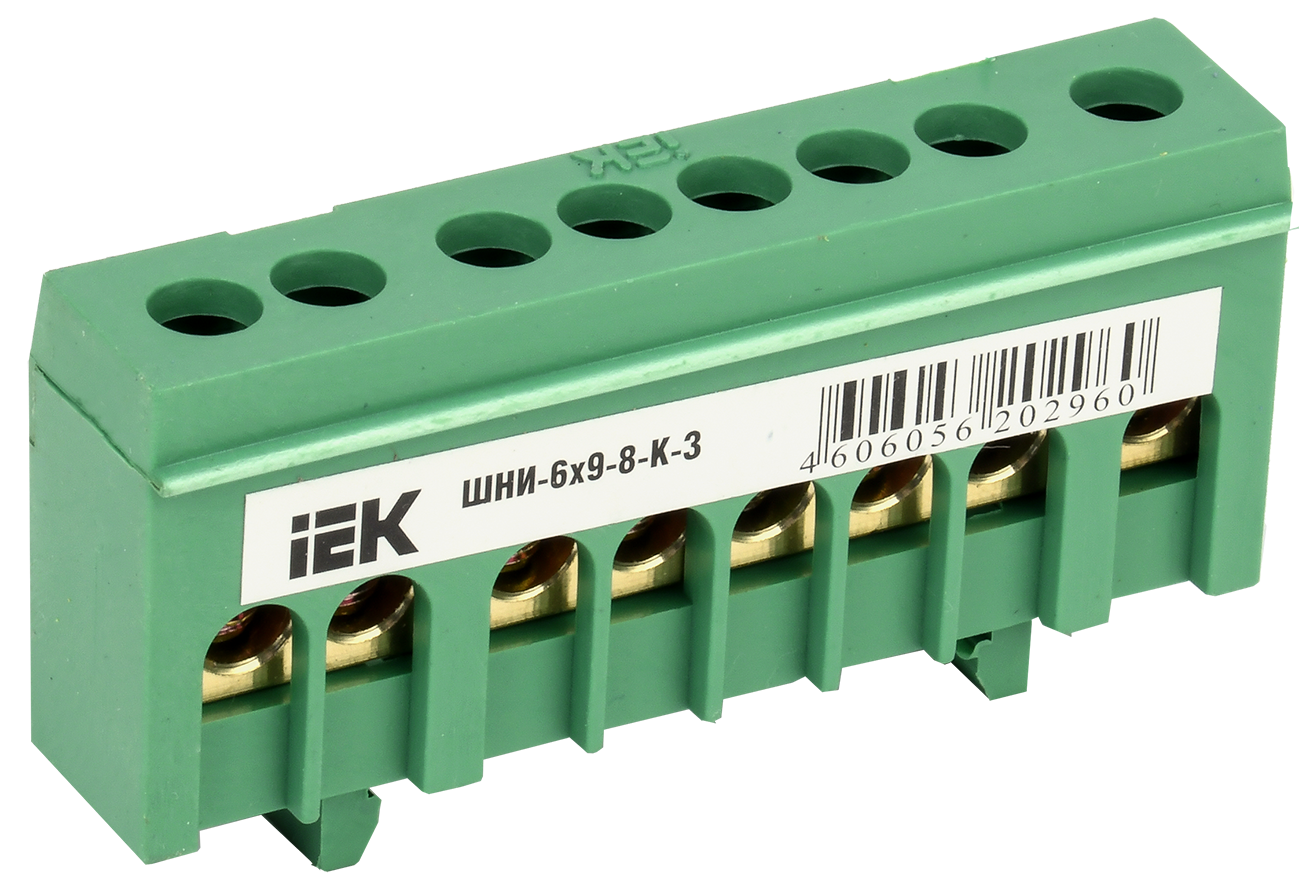 Шина IEK PE "земля" в корпусном изоляторе на DIN-рейку ШНИ-6х9-8-К-З (YNN10-69-8KD-K06)