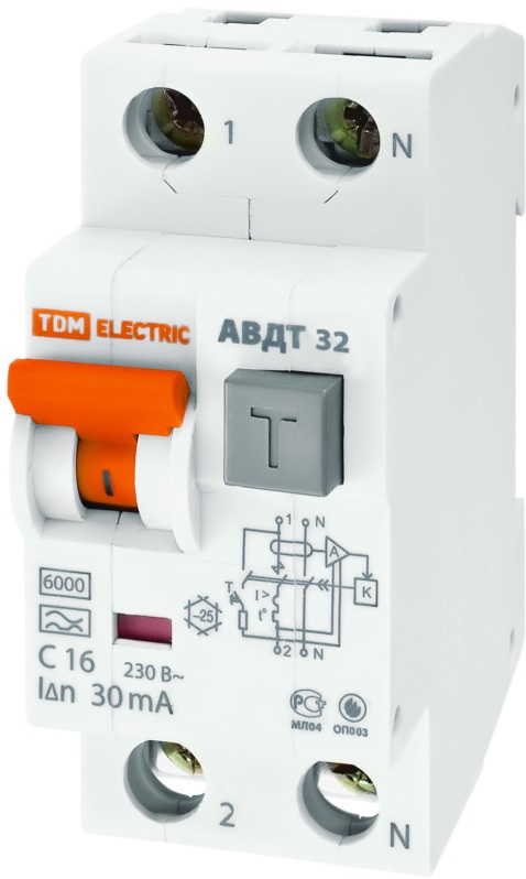 Выключатель автоматический дифференциального тока TDM АВДТ32, 2P, C, 16А, A/30мА (SQ0202-0030)