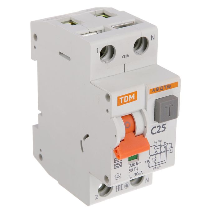 Выключатель автоматический дифференциального тока TDM АВДТ63, 2P, C, 25А, A/30мА (SQ0202-0004)